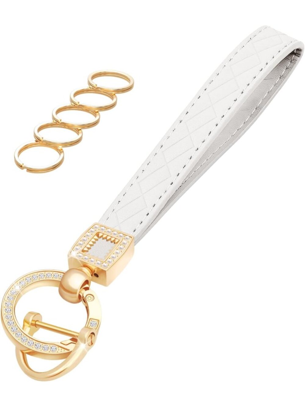 Women's White Car Keys loop Cross-hatched Key Holder Leather Wristlet Keychain
